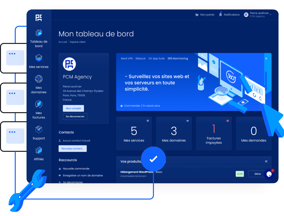 Upkyo | Hébergeur Web » Domaines, mails et sites Web - Panneau de contrôle très simple pour gérer tous vos services